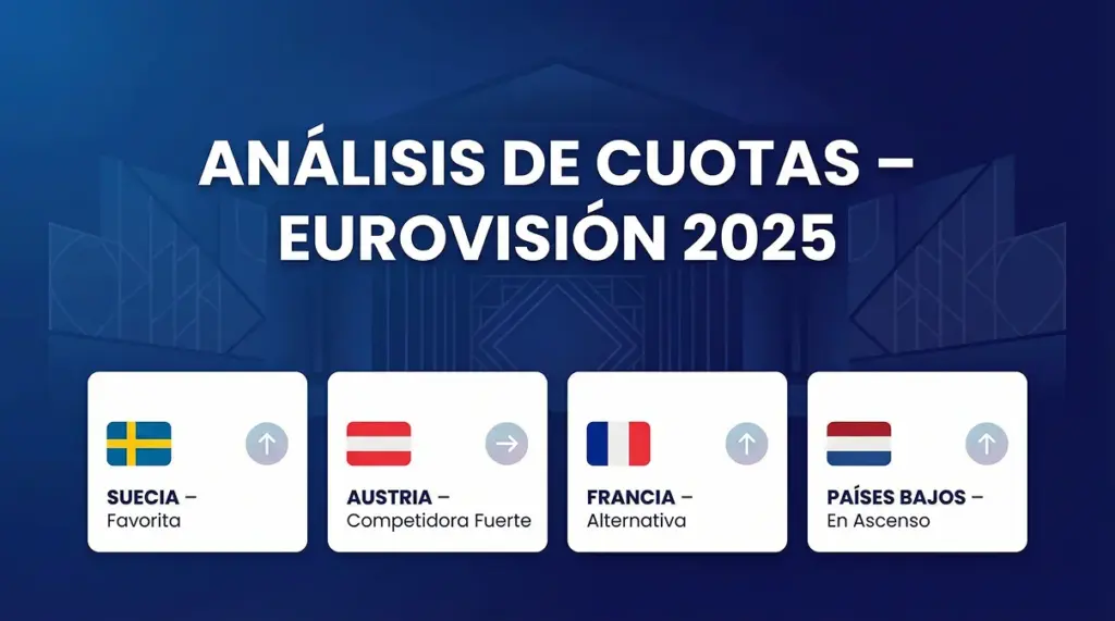 Análisis de cuotas de apuestas para Eurovisión 2026 mostrando favoritos Suecia, Austria, Francia y Países Bajos con odds
