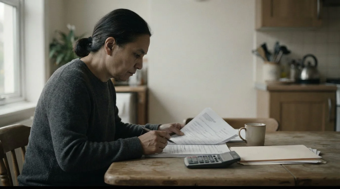 Persona revisando formularios fiscales con una calculadora sobre la mesa