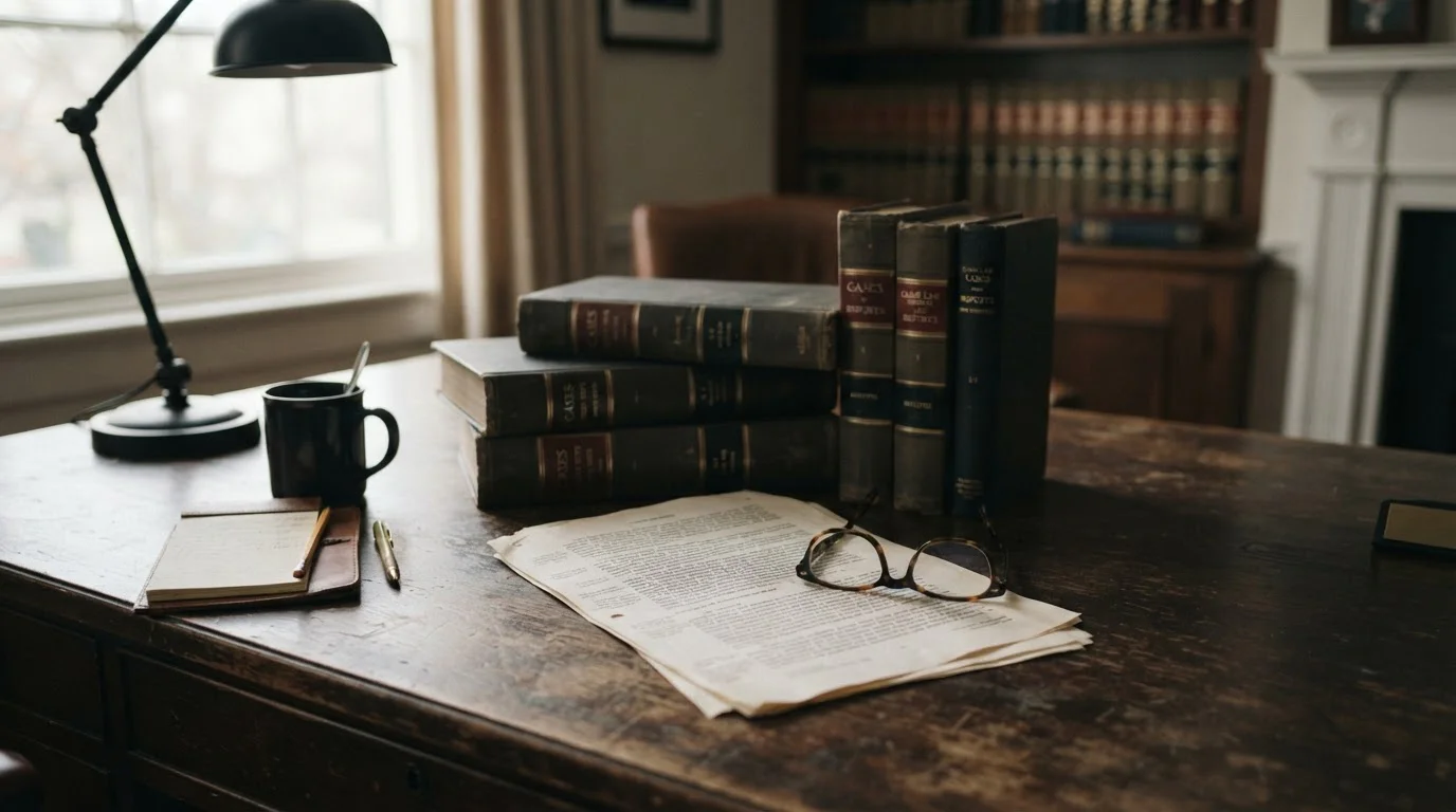 Volúmenes jurídicos y una sentencia impresa sobre un escritorio