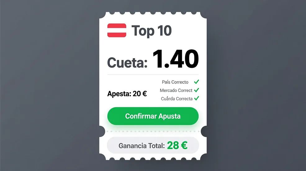 Boleto de apuesta mostrando primera apuesta en Eurovisión: Austria Top 10 con 20 euros a cuota 1.40