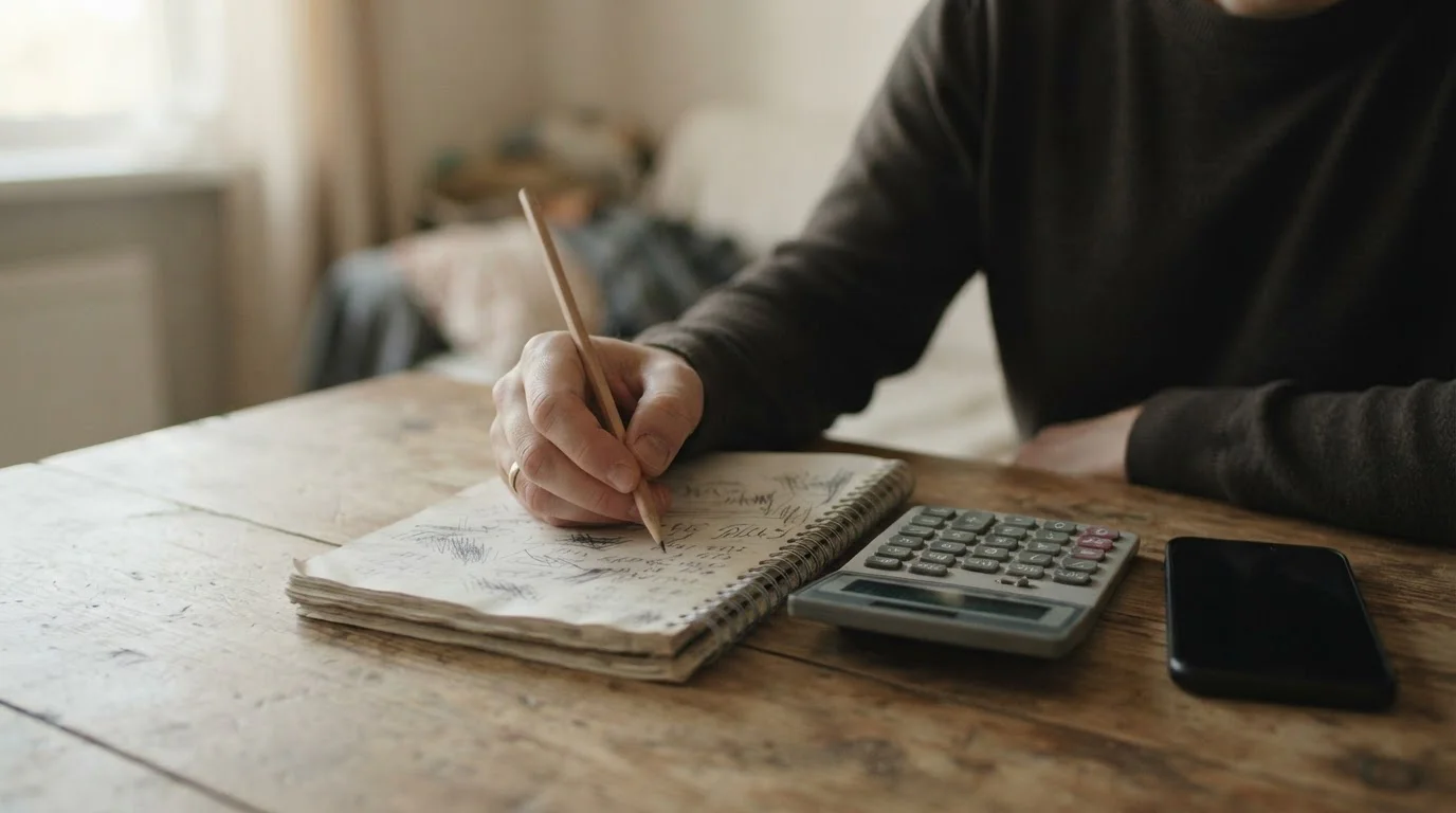 Cuaderno, calculadora y móvil sobre una mesa de madera