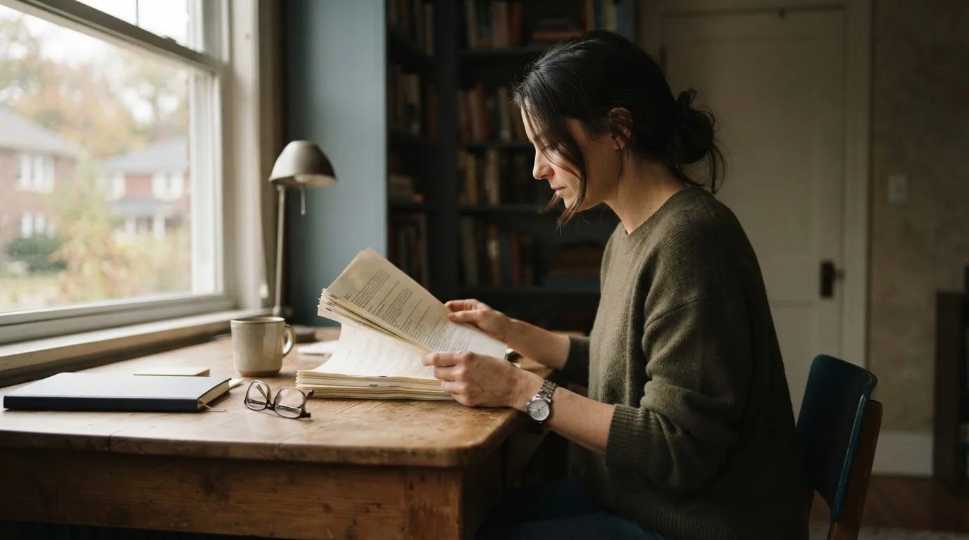 Persona de perfil leyendo unas hojas grapadas en un escritorio