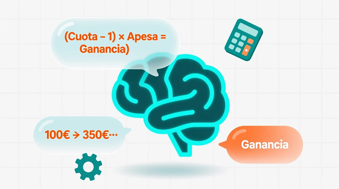 Ilustración visual de la fórmula para calcular ganancias en apuestas: ganancia neta igual a cuota menos uno por apuesta