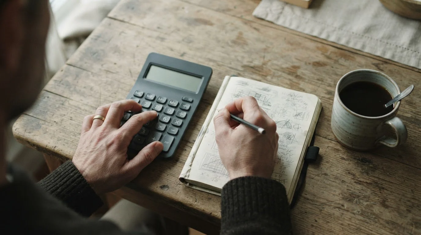 Manos con una calculadora junto a una libreta con anotaciones a lápiz
