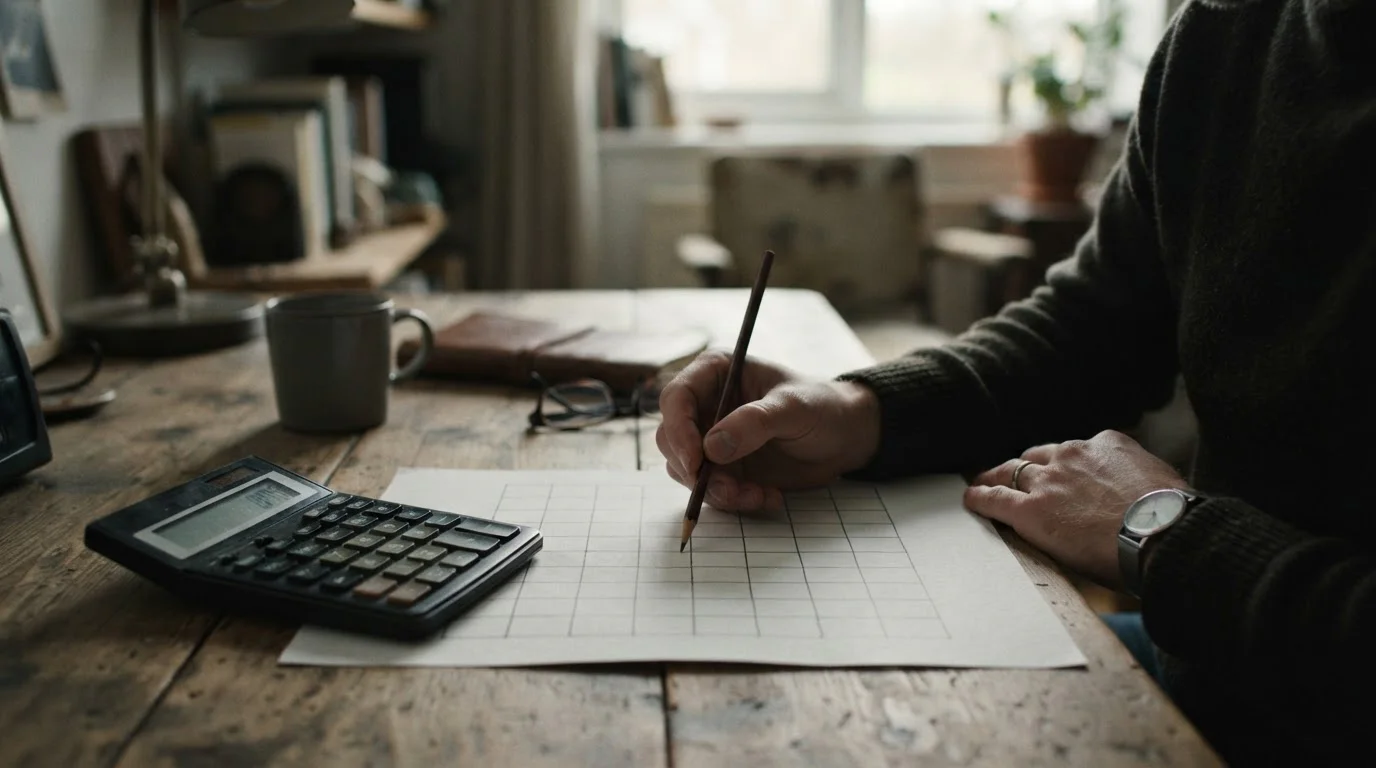 Mano con lápiz sobre papel cuadriculado junto a una calculadora
