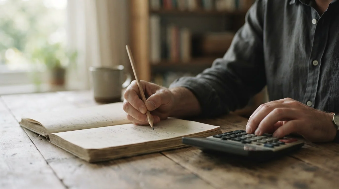 Manos que anotan cálculos a lápiz en un cuaderno junto a una calculadora