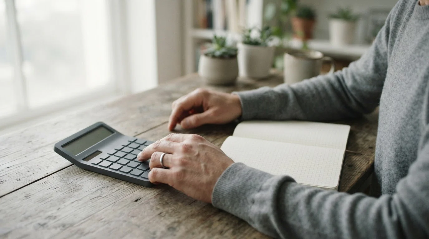 Manos junto a una calculadora y un cuaderno cuadriculado en blanco