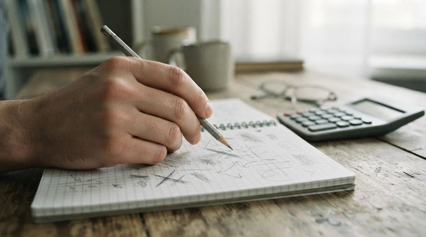 Mano con lápiz sobre un cuaderno cuadriculado junto a una calculadora