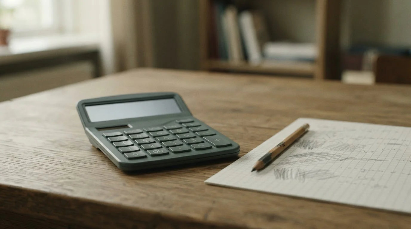 Calculadora, lápiz y hoja cuadriculada sobre una mesa de madera