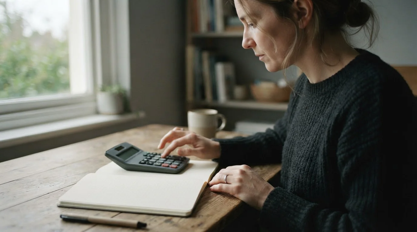 Manos calculando el margen de una cuota con una calculadora y un cuaderno