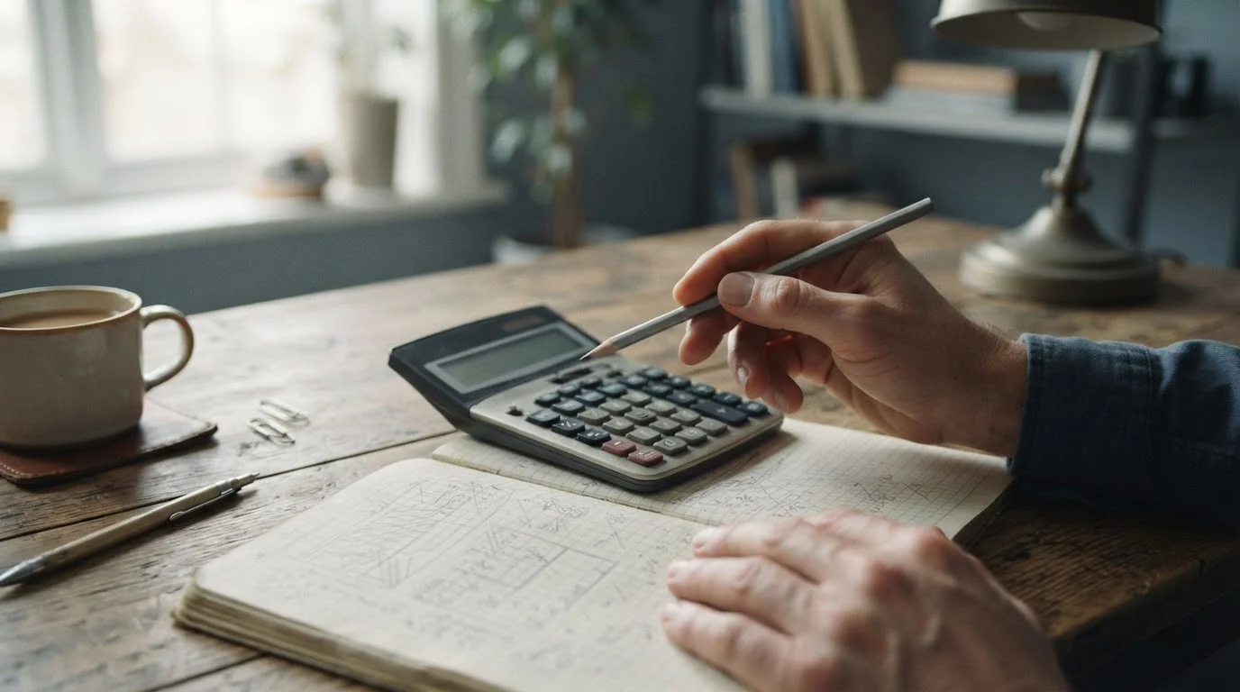 Manos con lápiz y calculadora junto a un cuaderno cuadriculado