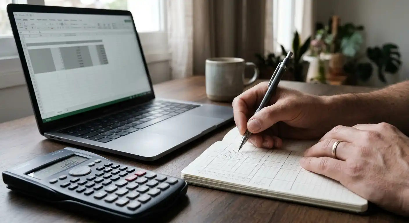Manos anotando cálculos en una libreta junto a una calculadora