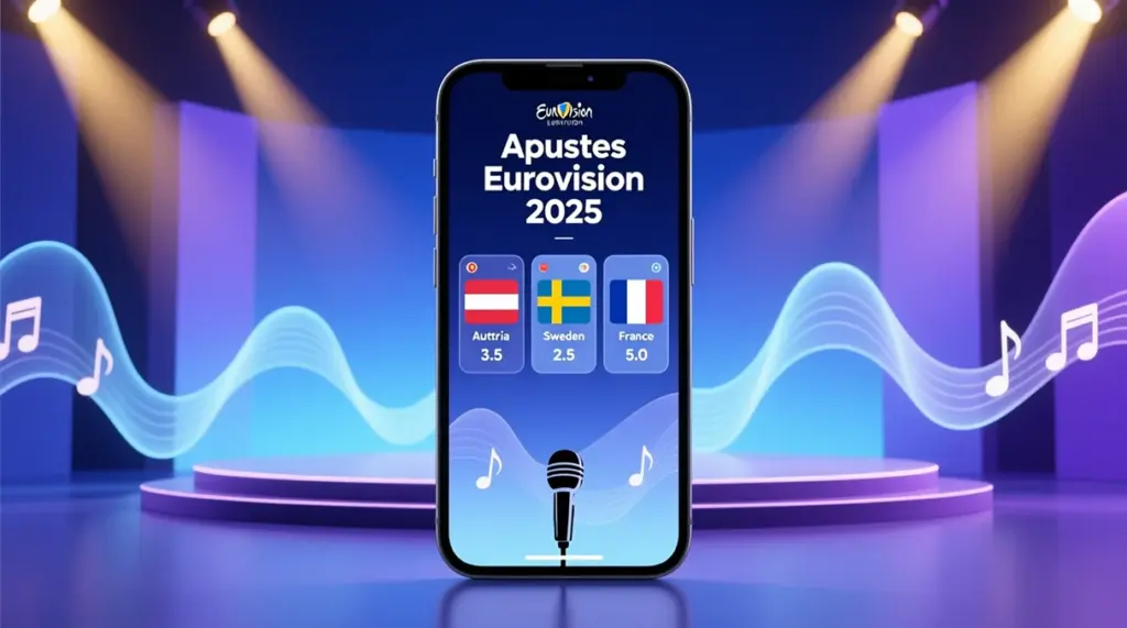 Guía de apuestas Eurovisión 2026 con pantalla móvil mostrando cuotas de Austria, Suecia y Francia