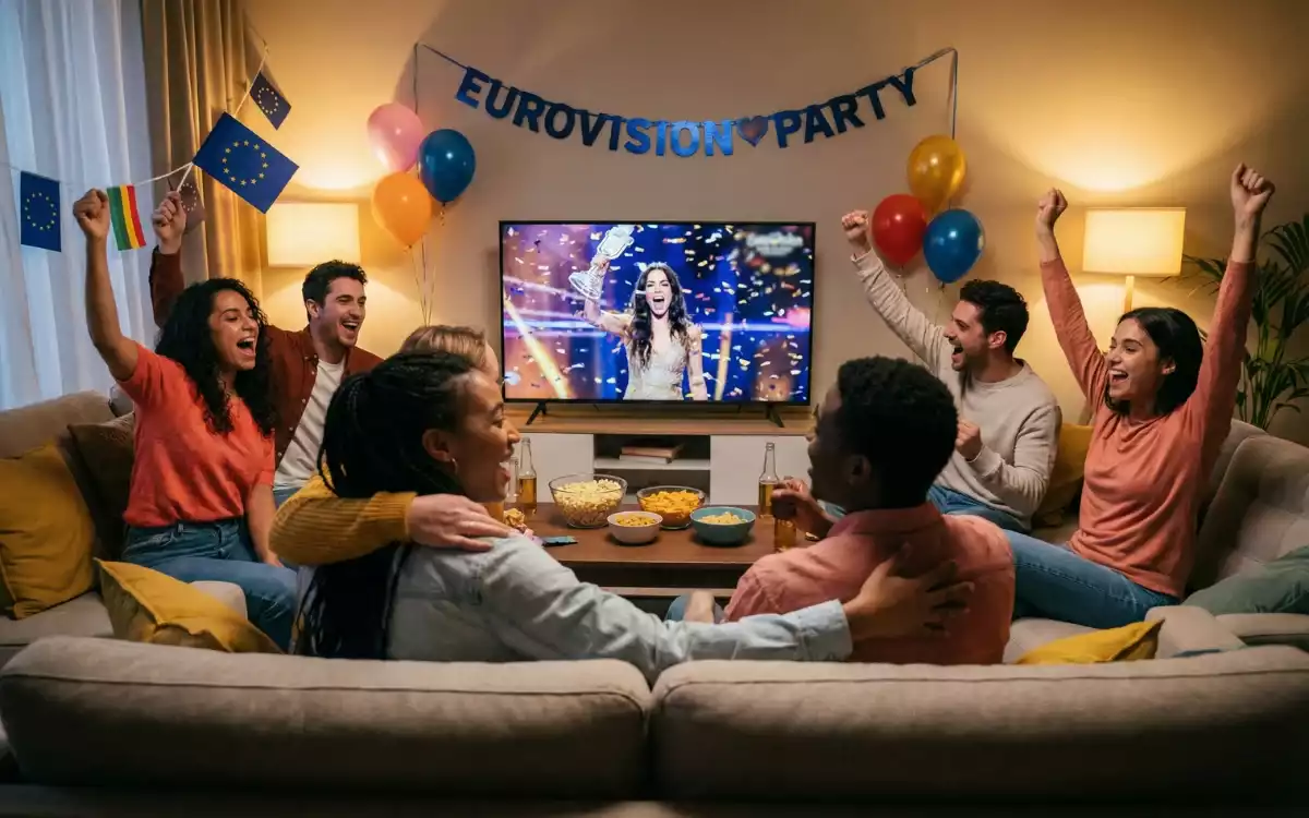 Grupo de amigos celebrando mientras ven Eurovisión en televisión