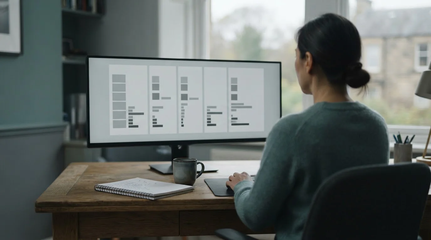 Monitor con una tabla comparativa de cinco columnas sin nombres en un escritorio