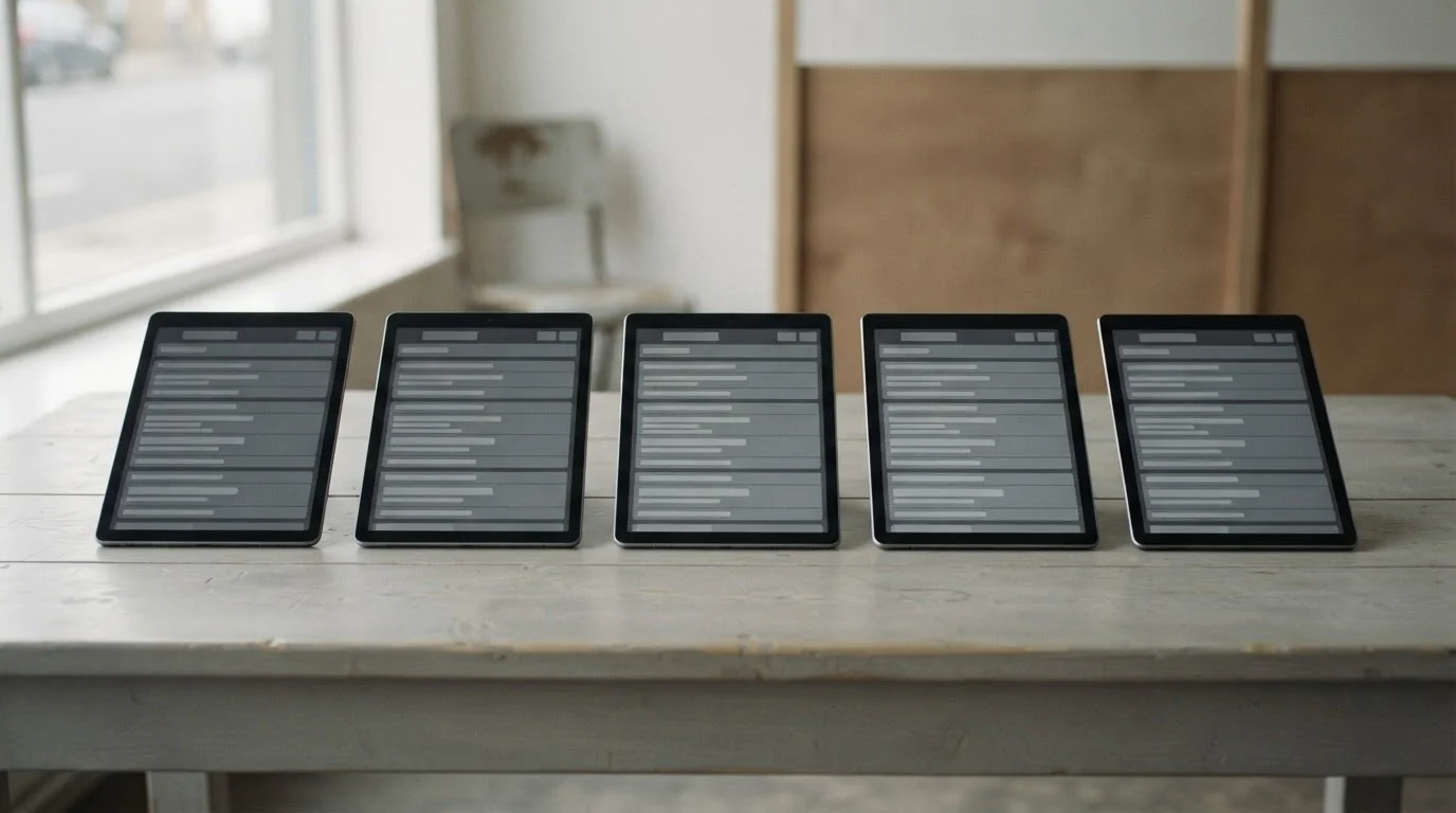 Cinco tabletas iguales con tablas neutras de longitud distinta