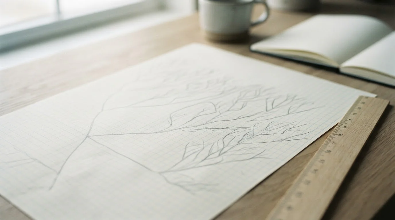 Diagrama en árbol que se ramifica sobre papel milimetrado
