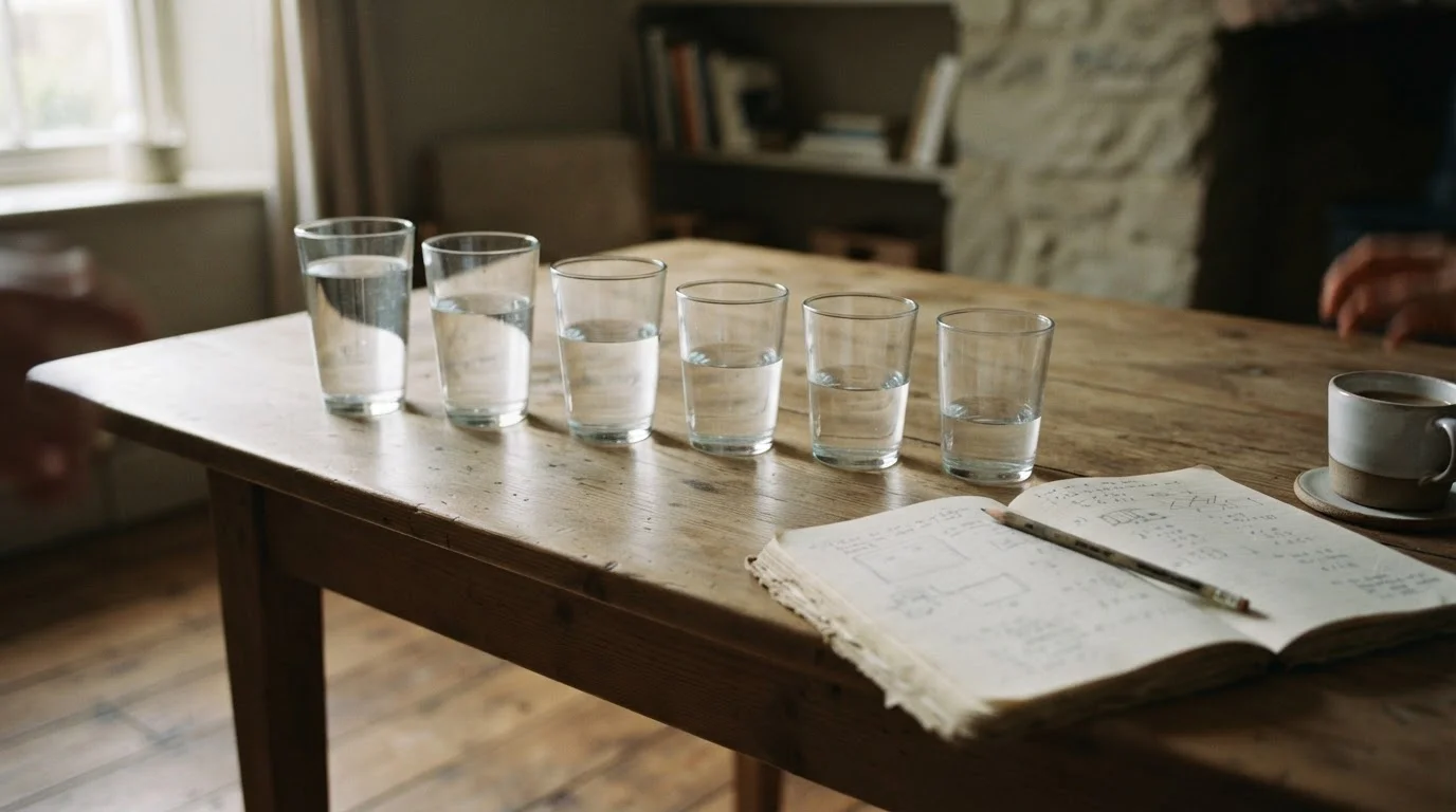 Fila de vasos con cada vez menos agua sobre una mesa de madera