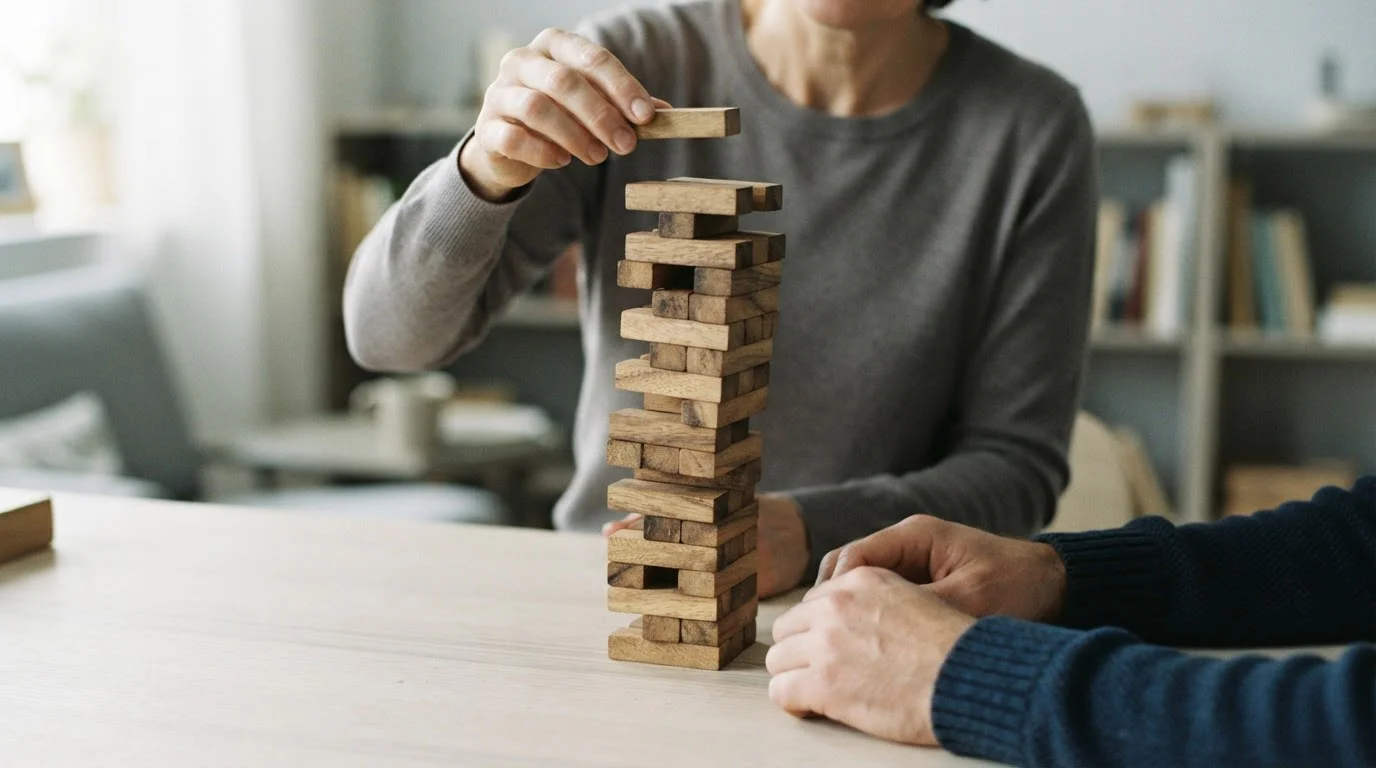 Manos colocando un bloque más sobre una torre de madera inestable