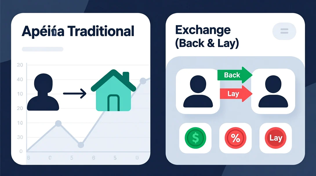 Diagrama explicativo de cómo funcionan los exchanges de apuestas y las lay bets en Betfair mostrando apuestas tradicionales versus exchange