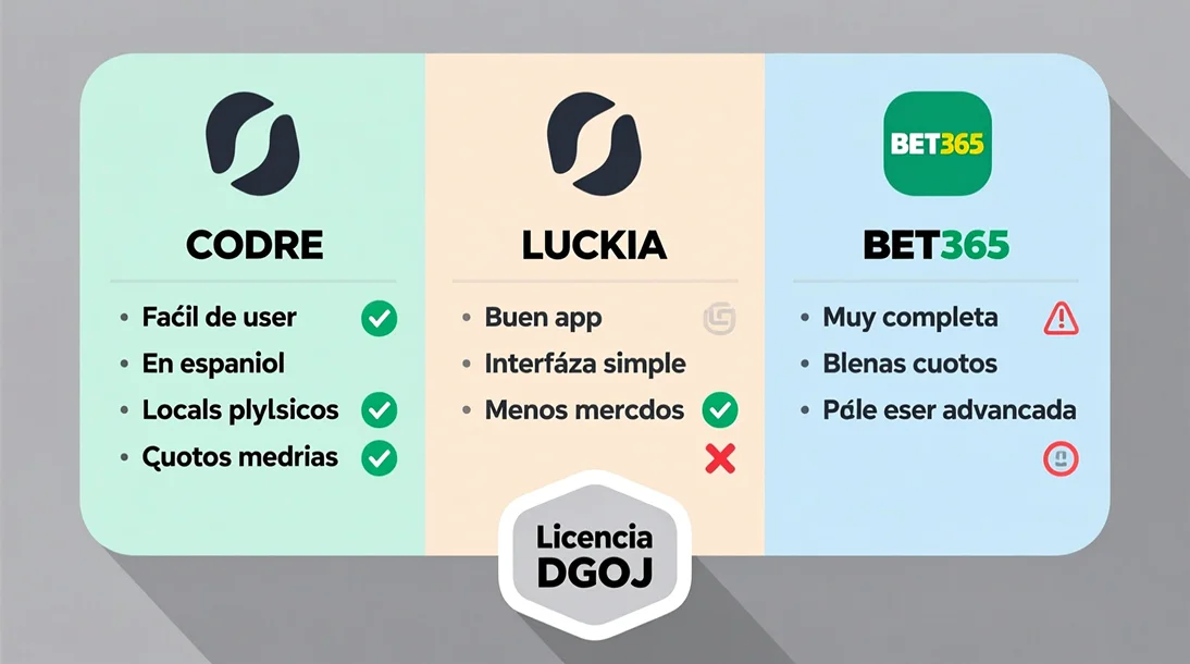 Comparación de las mejores casas de apuestas para principiantes: Codere, Luckia y Bet365 con ventajas y desventajas