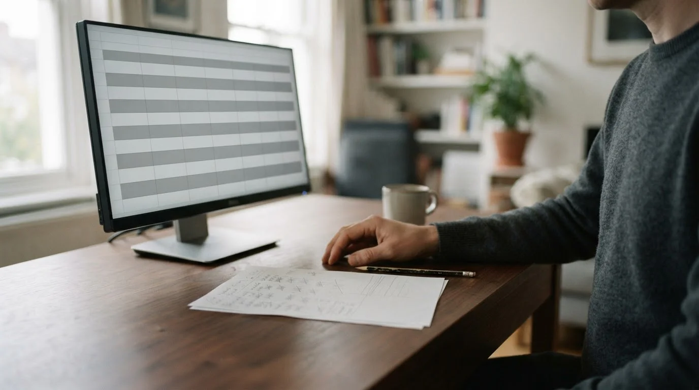 Manos junto a un monitor con una tabla de diez filas sin nombres