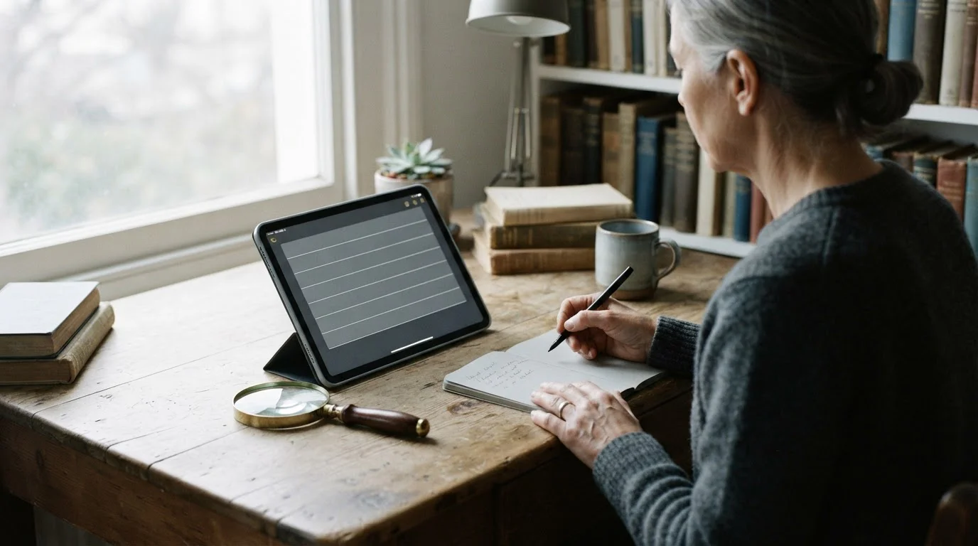 Tableta con nueve filas de comparación y una lupa sobre el escritorio