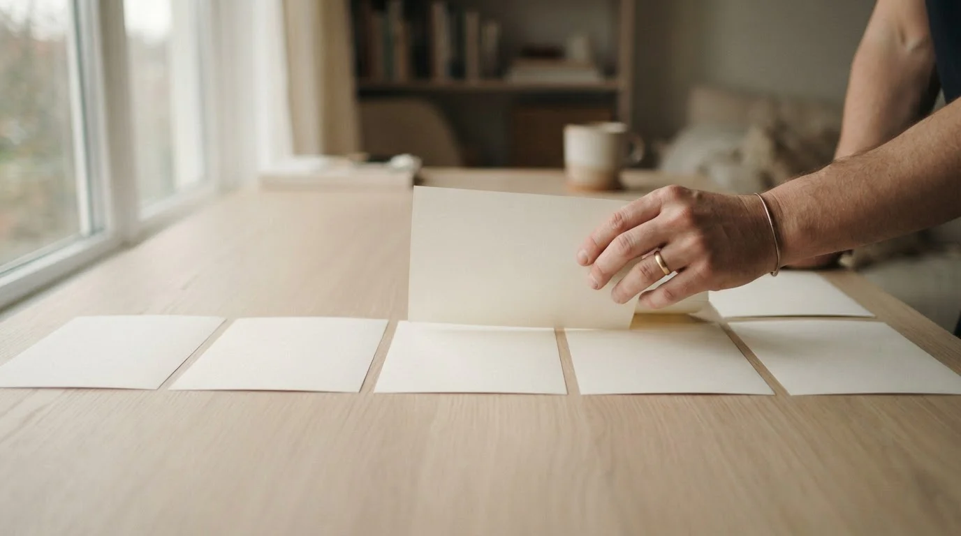 Seis hojas en blanco alineadas sobre un escritorio para su comparación