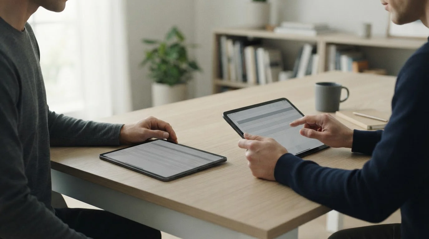 Manos que comparan dos tabletas con tablas neutras sin nombre