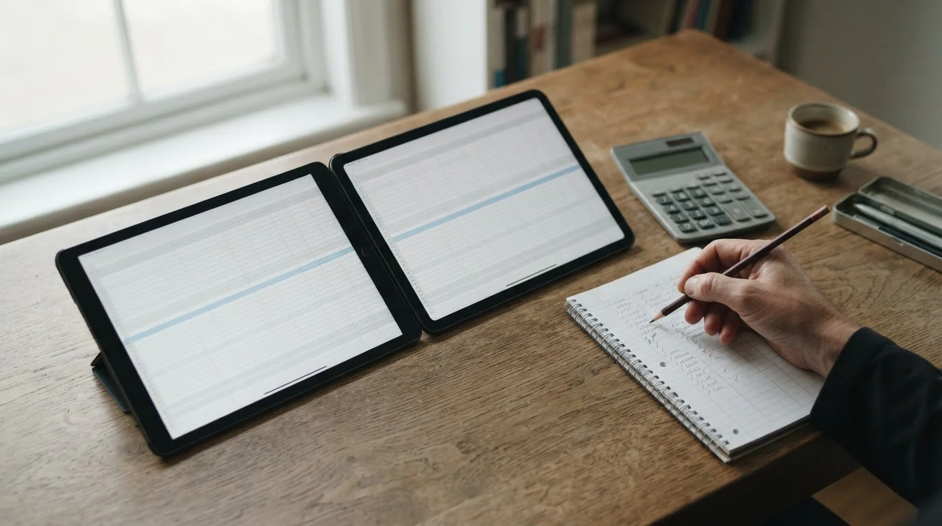 Calculadora y dos tabletas con tablas comparadas sobre un escritorio