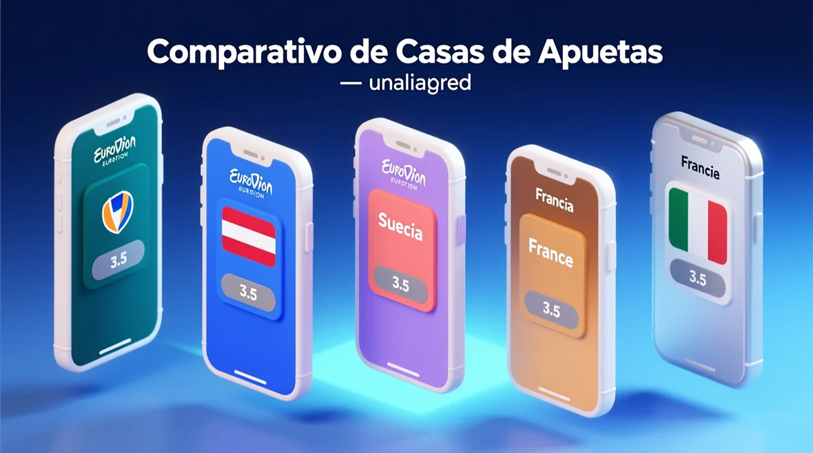 Comparativa visual de las 6 mejores casas de apuestas para Eurovisión 2025: Bet365, William Hill, Betfair, Codere, Luckia y 888Sport