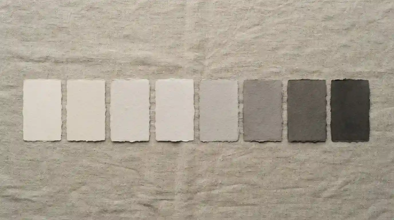 Ocho piezas de papel en fila, ordenadas del tono más claro al más oscuro