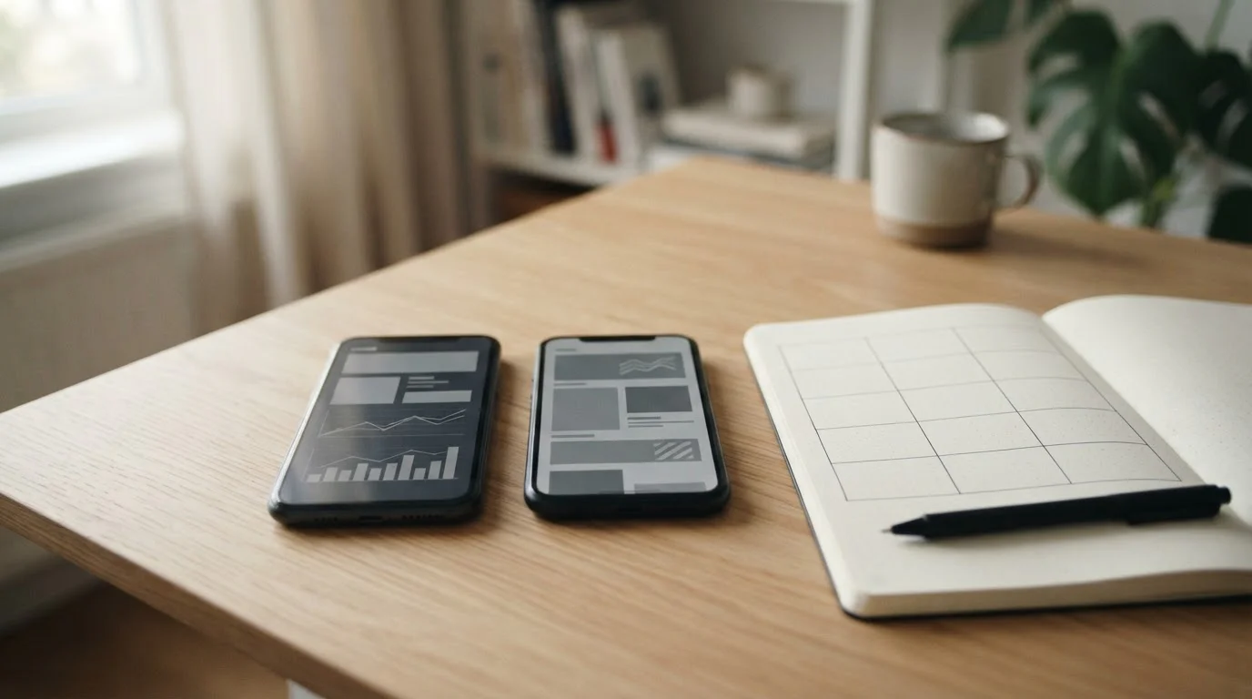 Dos móviles con interfaces neutras junto a una libreta con una tabla comparativa vacía