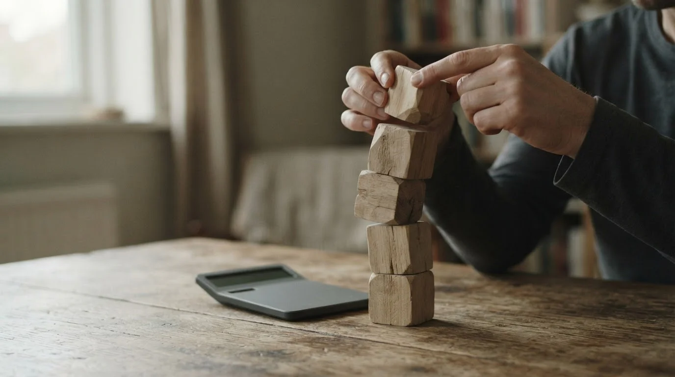 Manos apilan bloques de madera en una torre inestable