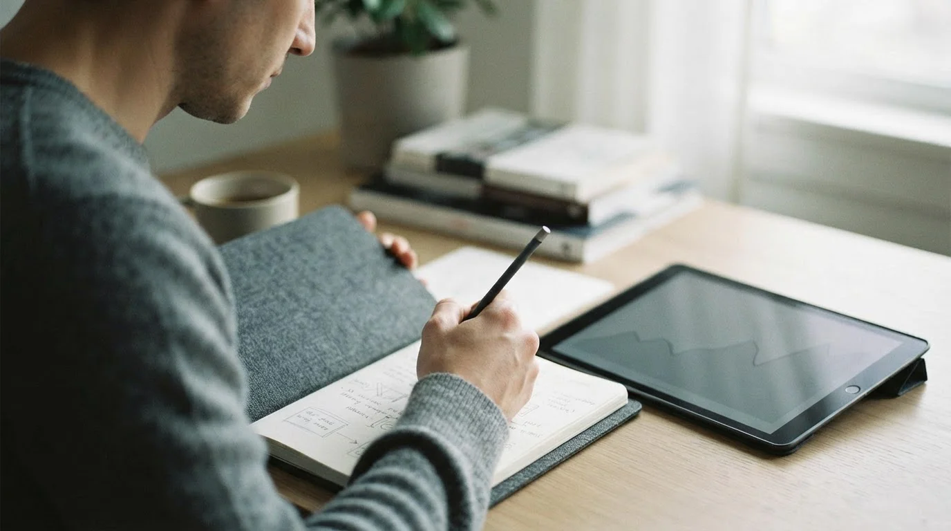 Manos tomando notas junto a una tableta con un gráfico de líneas abstracto