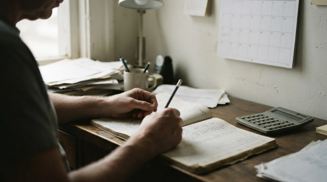 Cuaderno de cuentas junto a una calculadora y un calendario en blanco