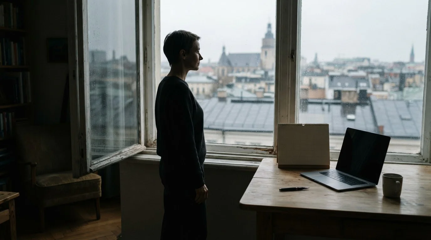 Silueta junto a una ventana con un portátil cerrado sobre la mesa