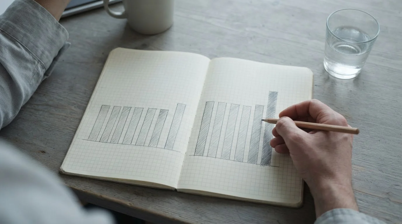 Cuaderno con un gráfico a mano de columnas mensuales y una mano que sombrea la última