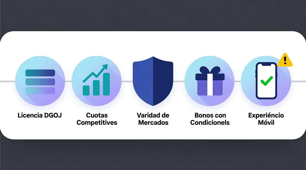 Infografía con los 5 criterios clave para elegir casa de apuestas: licencia DGOJ, cuotas competitivas, variedad de mercados, bonos transparentes y experiencia de usuario