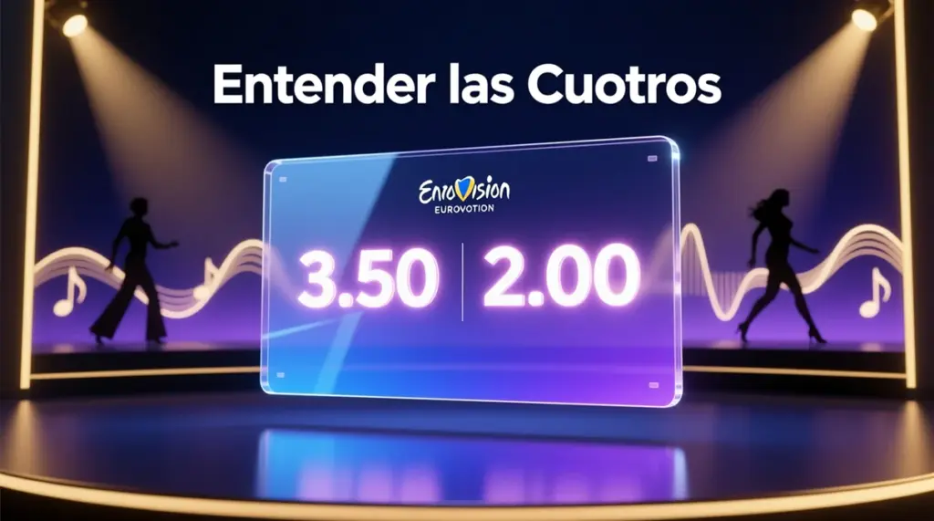 Ilustración conceptual de cuotas de apuestas de Eurovisión con números decimales 3.50, 2.00 y 5.00 en efecto neón