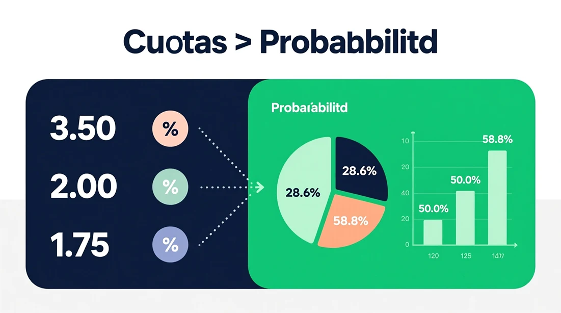 Diagrama mostrando conversión de cuotas a probabilidad con fórmula 1 dividido cuota por 100 igual porcentaje