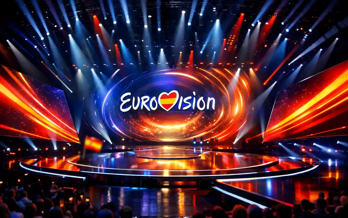 Escenario moderno de Eurovisión con elementos españoles