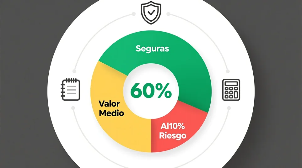 Diagrama de gestión de bankroll 60-30-10 para apuestas seguras, de valor medio y alto riesgo en Eurovisión