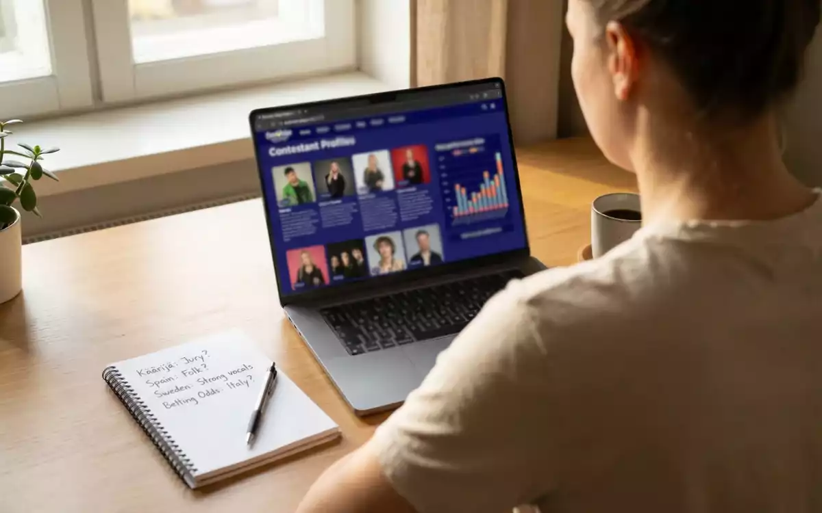 Persona analizando información sobre Eurovisión en un portátil