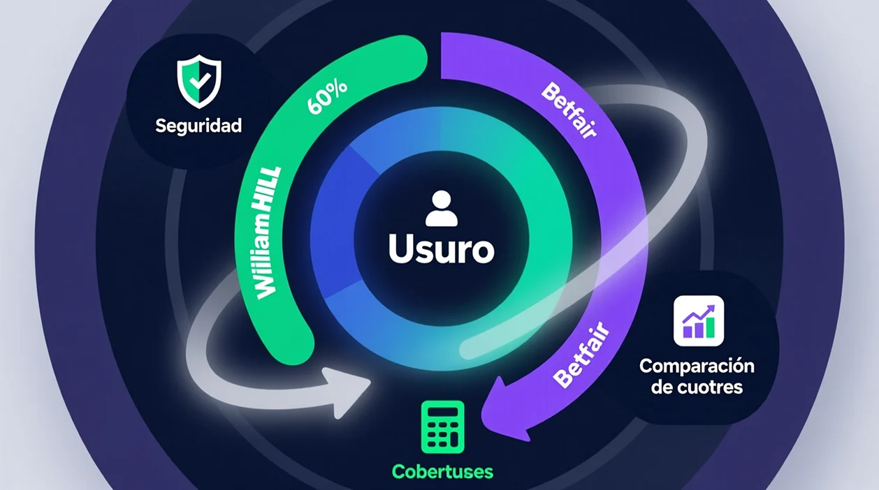 Diagrama de estrategia multi-casa mostrando distribución del bankroll: 60% Bet365, 30% William Hill, 10% Betfair