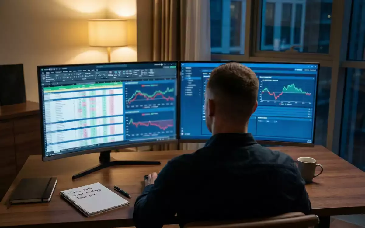 Persona analizando datos de apuestas en múltiples pantallas