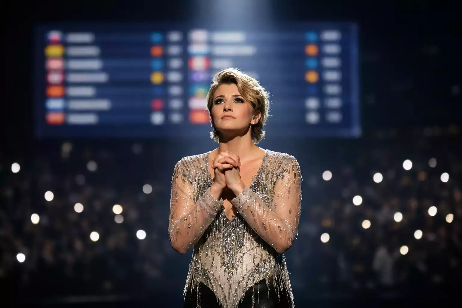 Artista en el escenario de Eurovisión esperando resultados