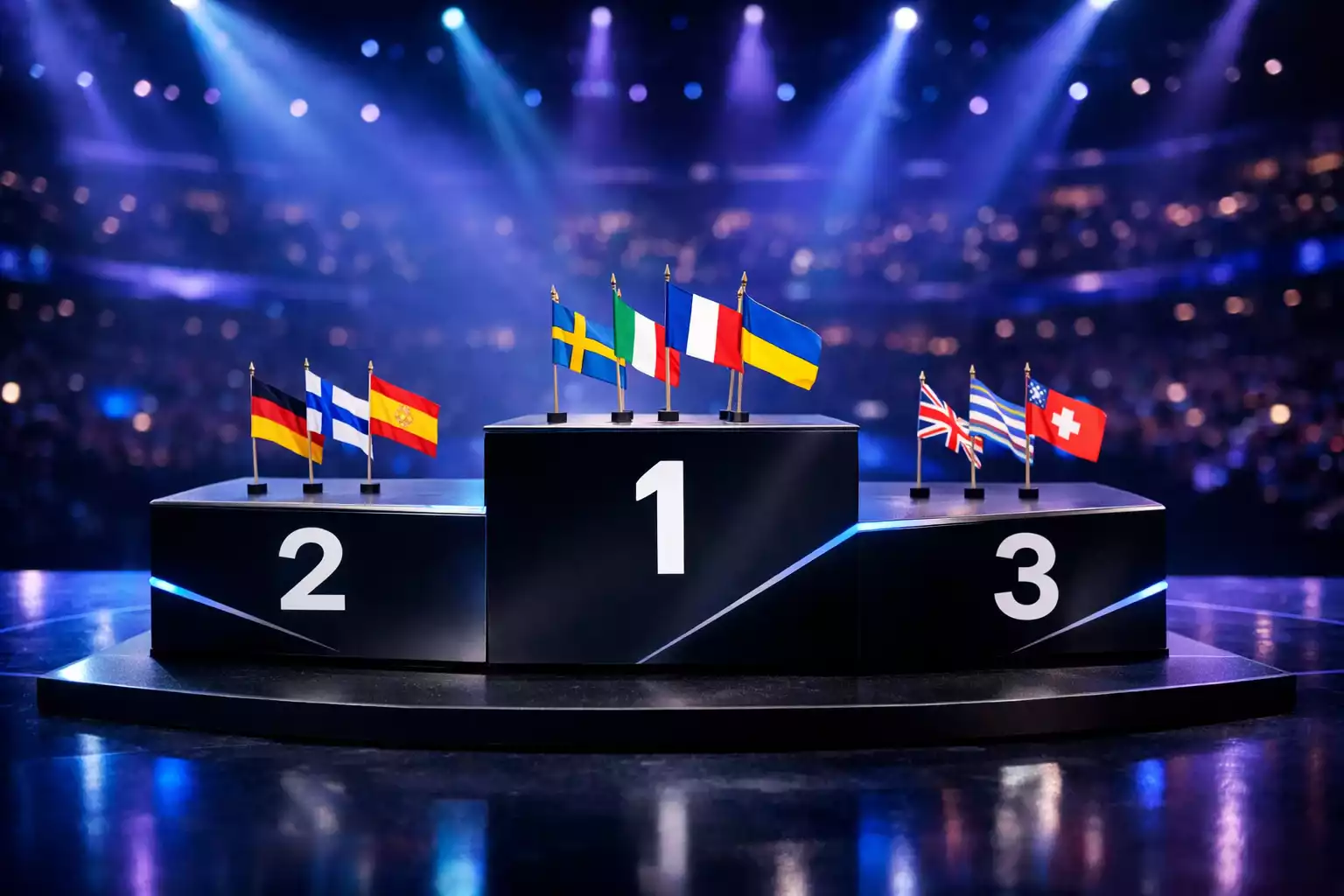 Podio de Eurovisión con banderas de países finalistas