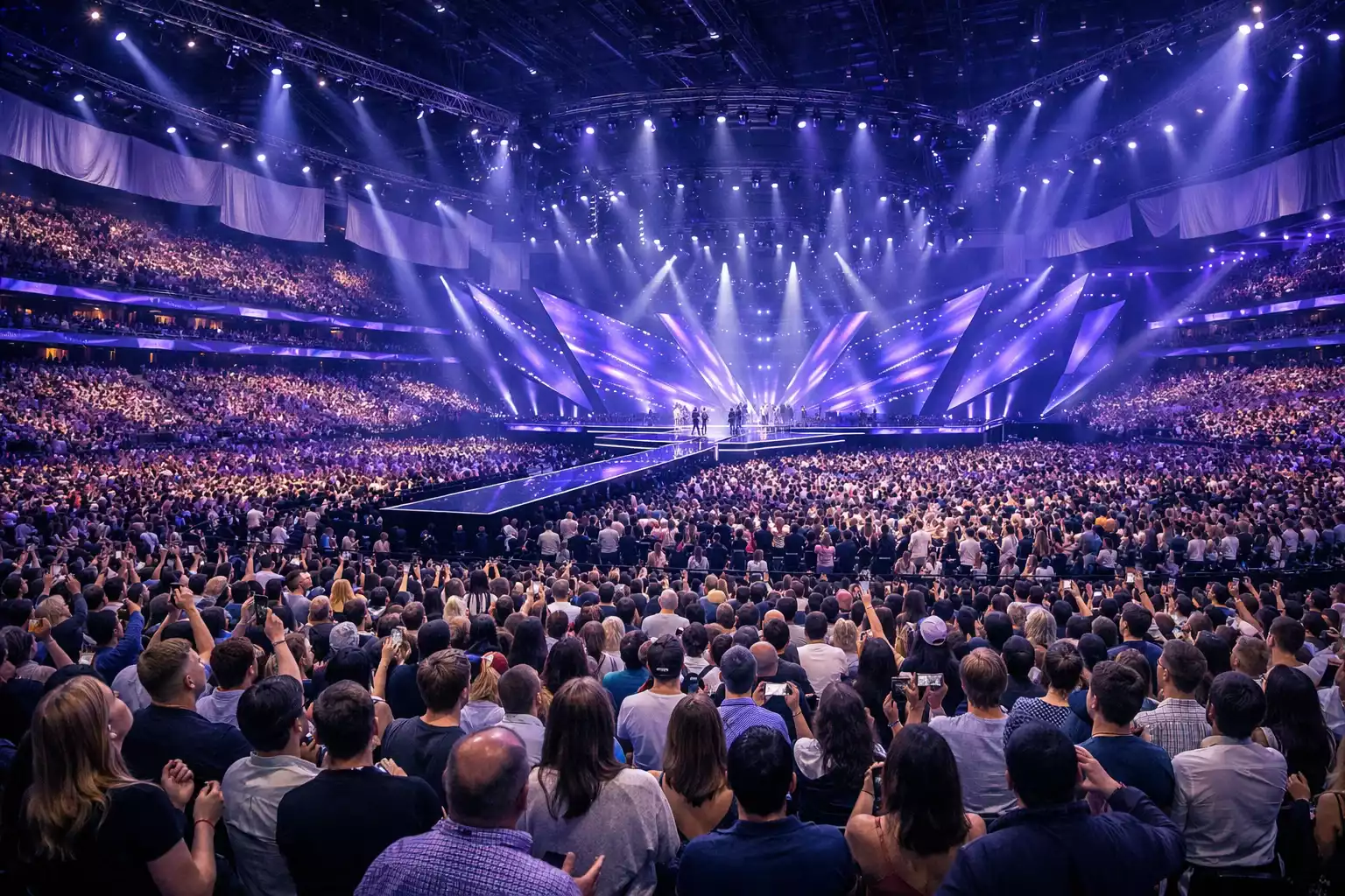 Escenario de Eurovisión con banderas de múltiples países europeos