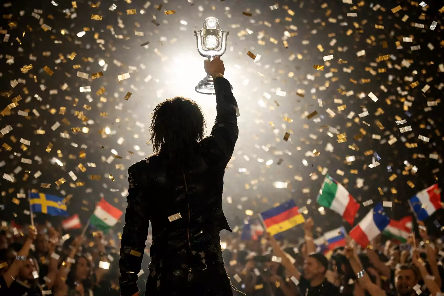 Celebración de victoria en Eurovisión con trofeo